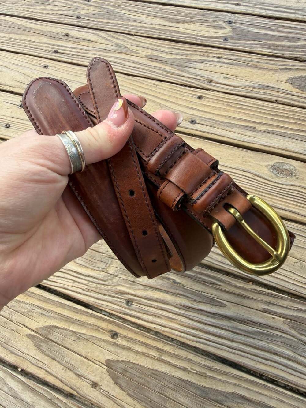 Vintage Brown Leather Belt with Brass Buckle